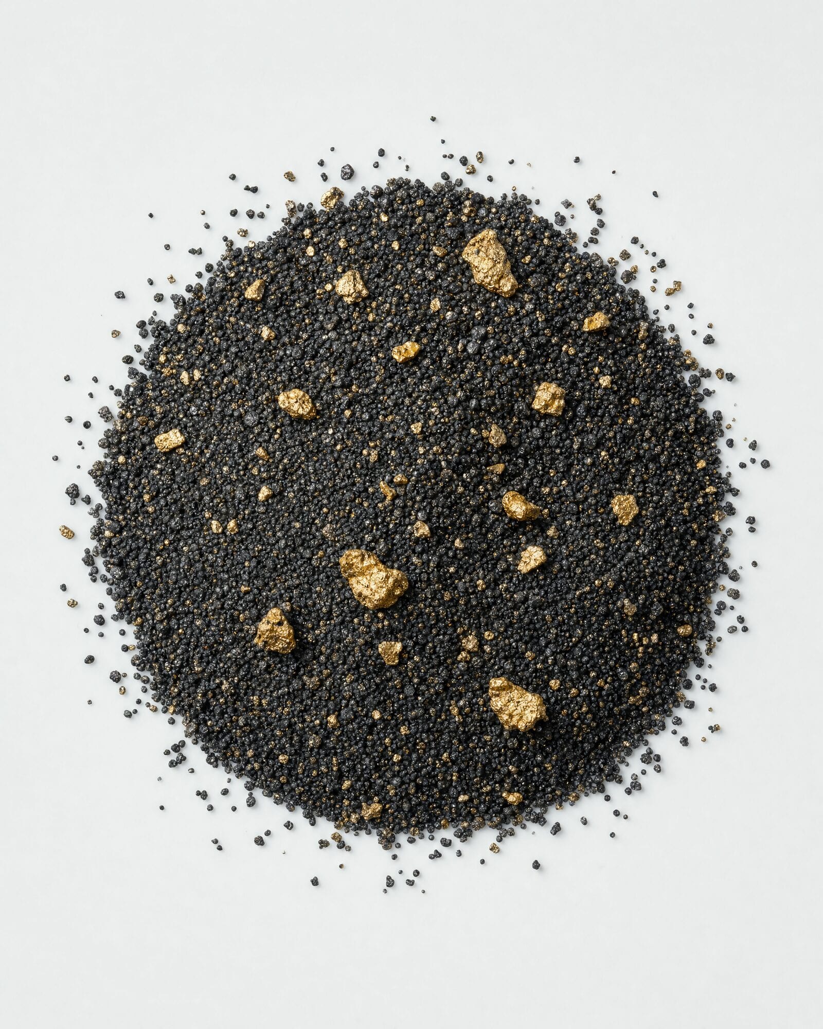 Black sand with gold flakes and small nuggets on a white surface
