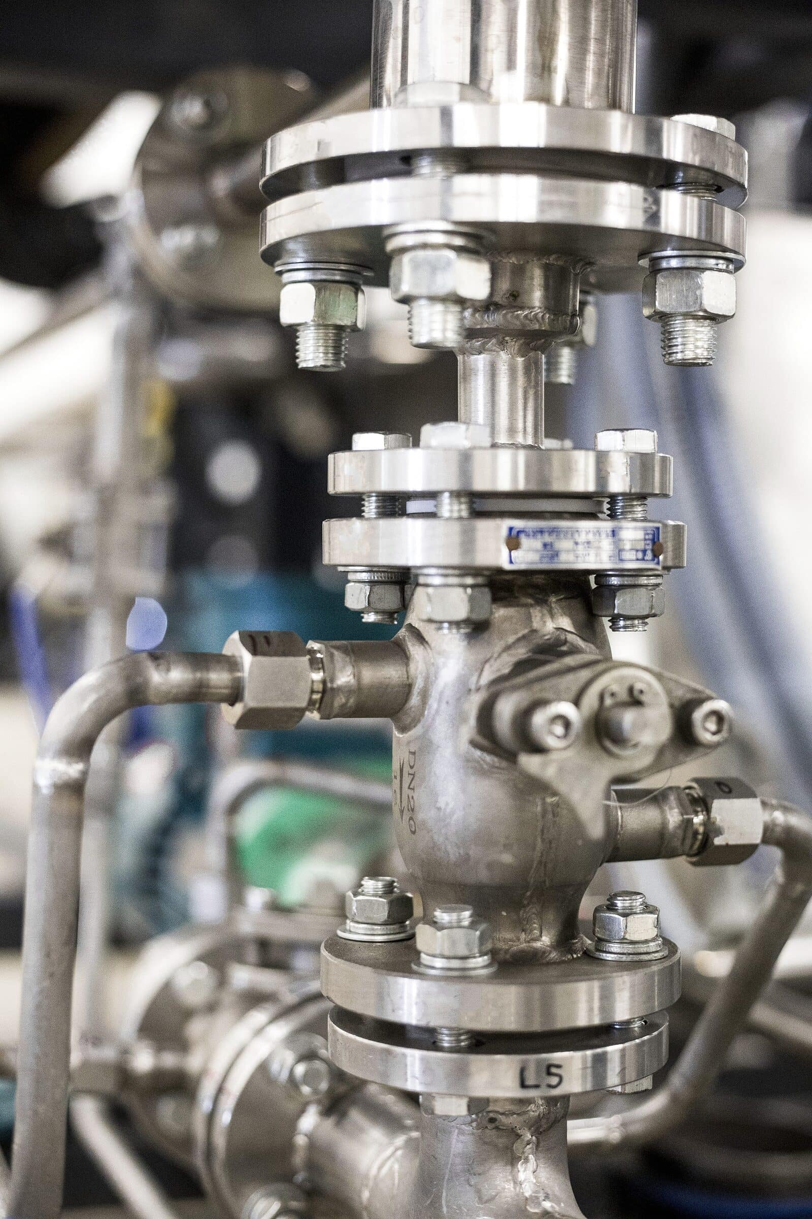 Close view of a flanged stainless valve stack